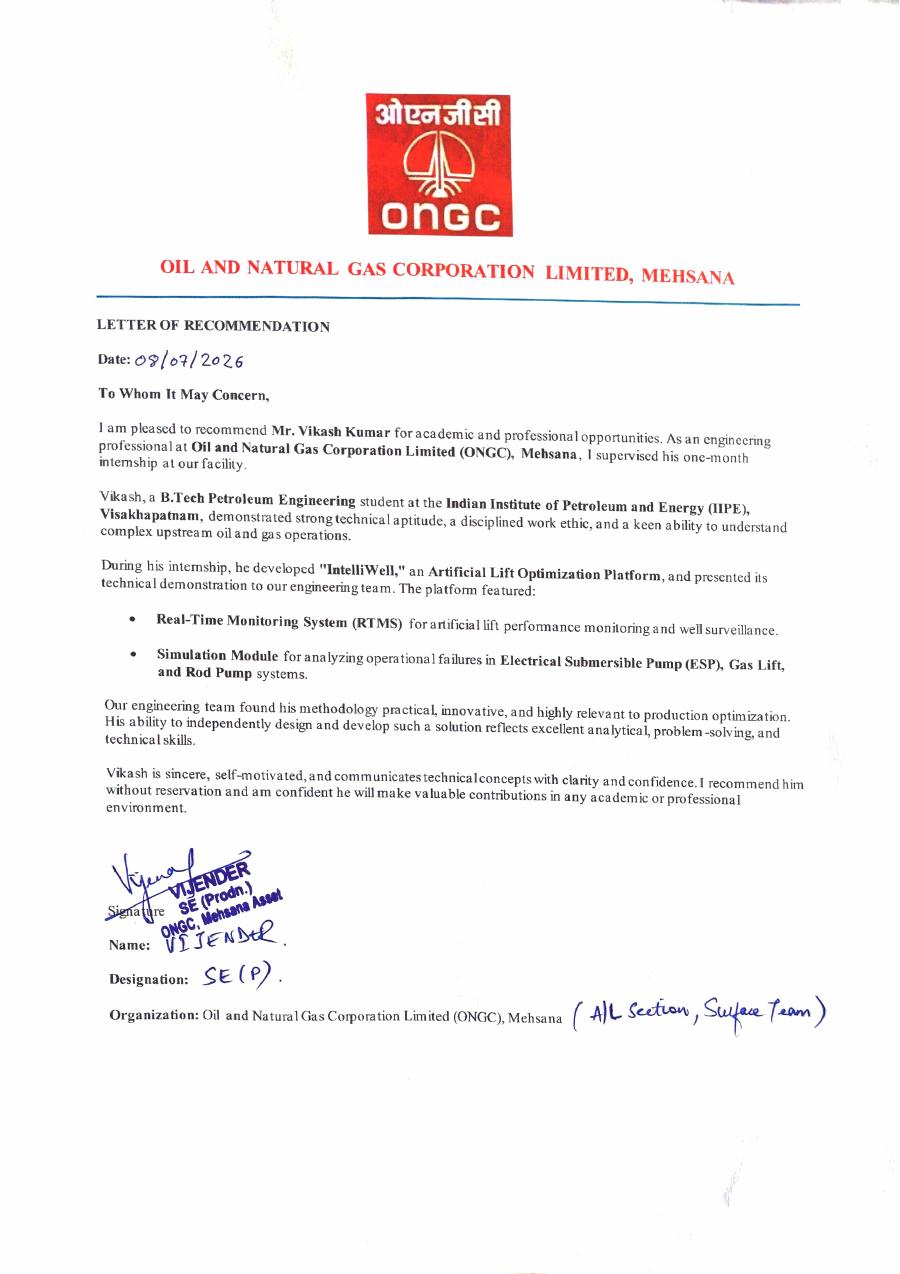 Signed letter of recommendation for IntelliWell from Oil and Natural Gas Corporation Limited (ONGC), Mehsana Asset